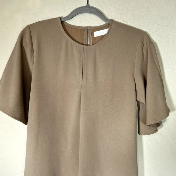 Oak + Fort Shift Dress Small Belted Flare Flutter Short Sleeve Tan Bohemian Flaw - Picture 7 of 9